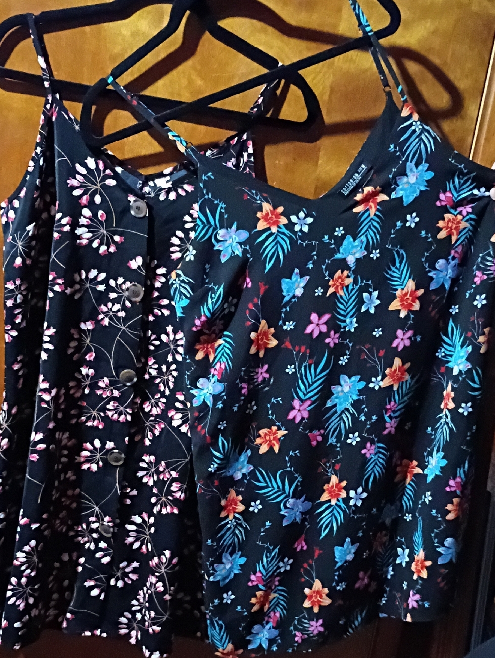 Medium Floral Spaghetti Strap Dresses - Black Base with Bright Floral Prints